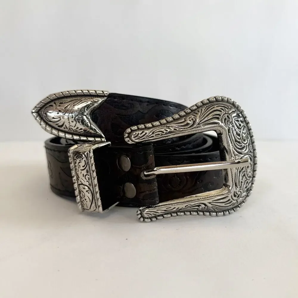 y2k brown leather and silver western cowboy boho belt - Picture 8 of 9